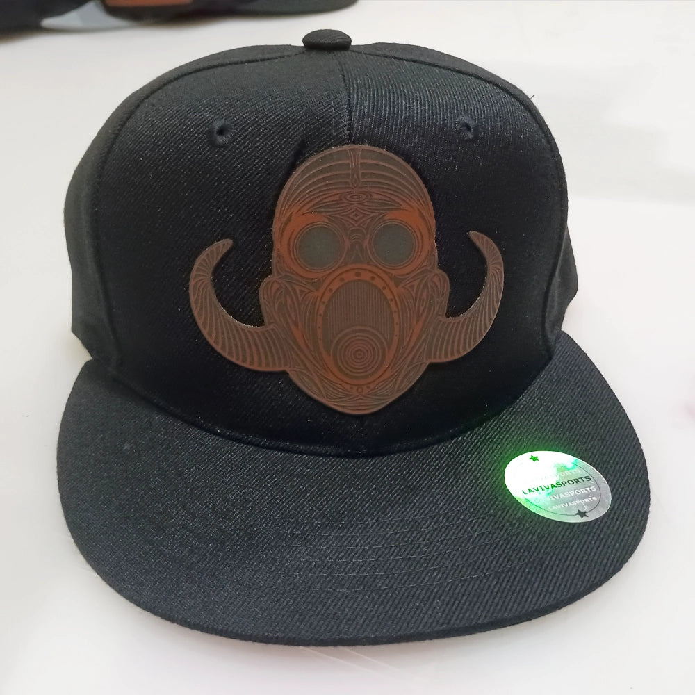 Horned Mask Hip-Hop Hat – Laser Engraved Leatherette Patch | Black or Black/Grey image 6